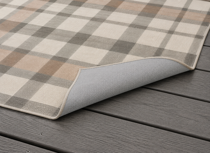 Taupe plaid outdoor rug — soft polyester chenille with a non-slip backing