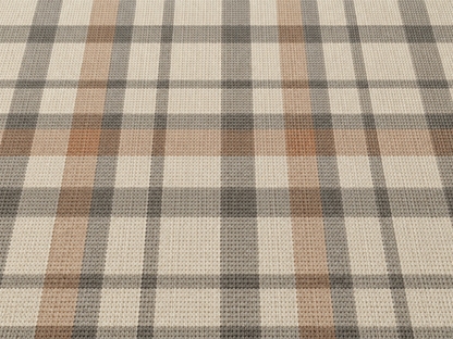 Taupe plaid outdoor rug — soft polyester chenille with a non-slip backing