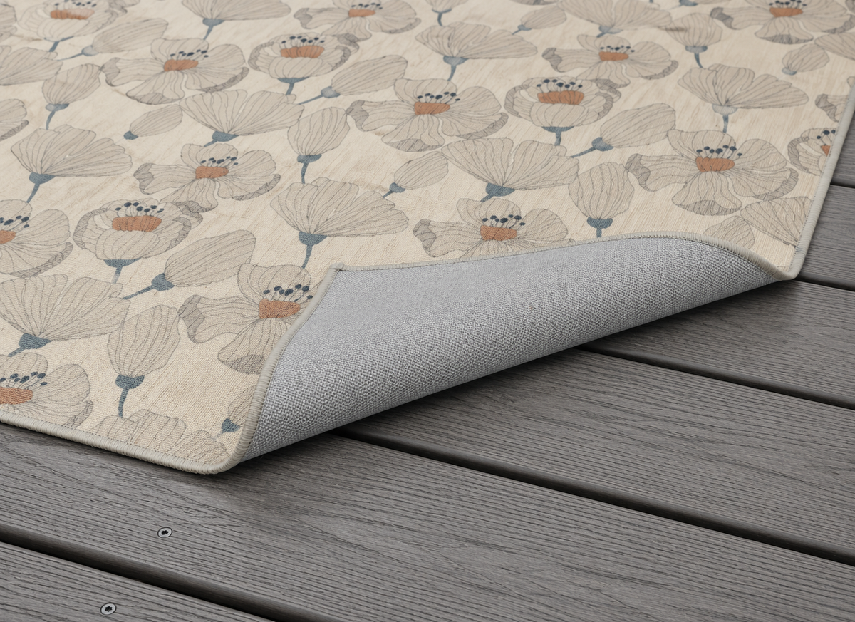 Taupe poppy outdoor rug — soft polyester chenille with a non-slip backing