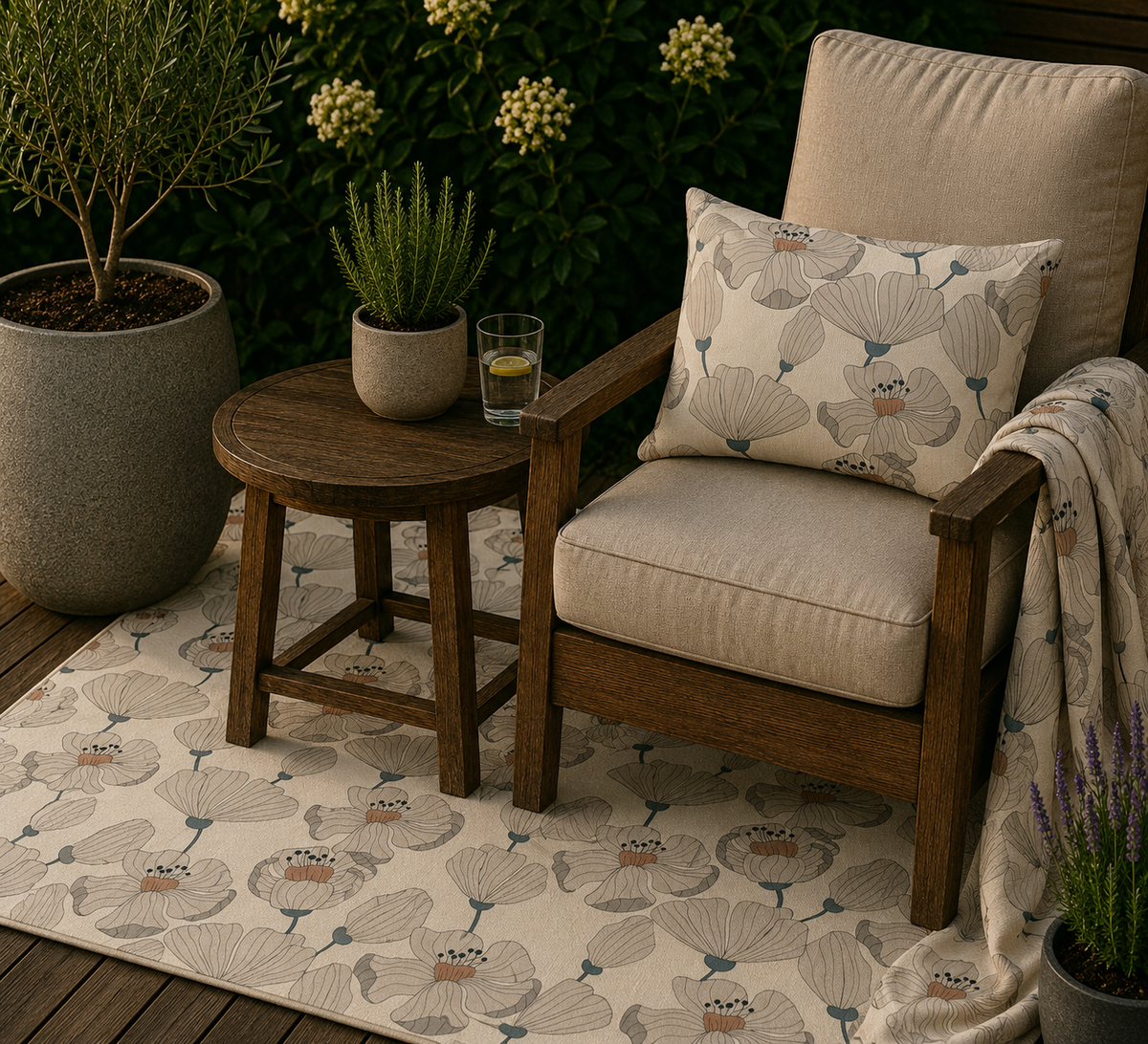 Taupe poppy outdoor rug — soft polyester chenille with a non-slip backing