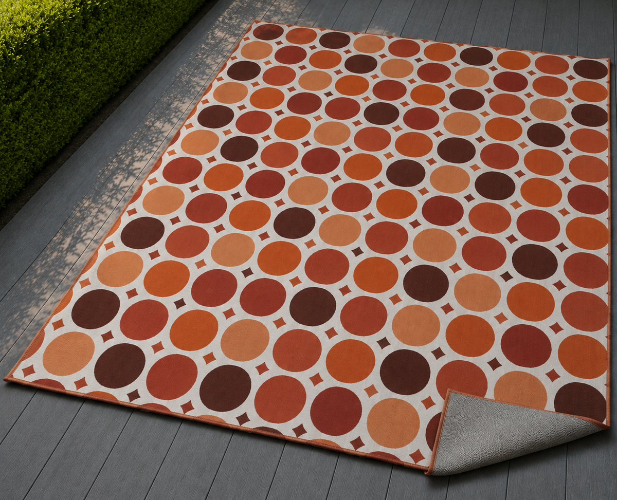 Terracotta dot grid outdoor rug — soft polyester chenille with a non-slip backing