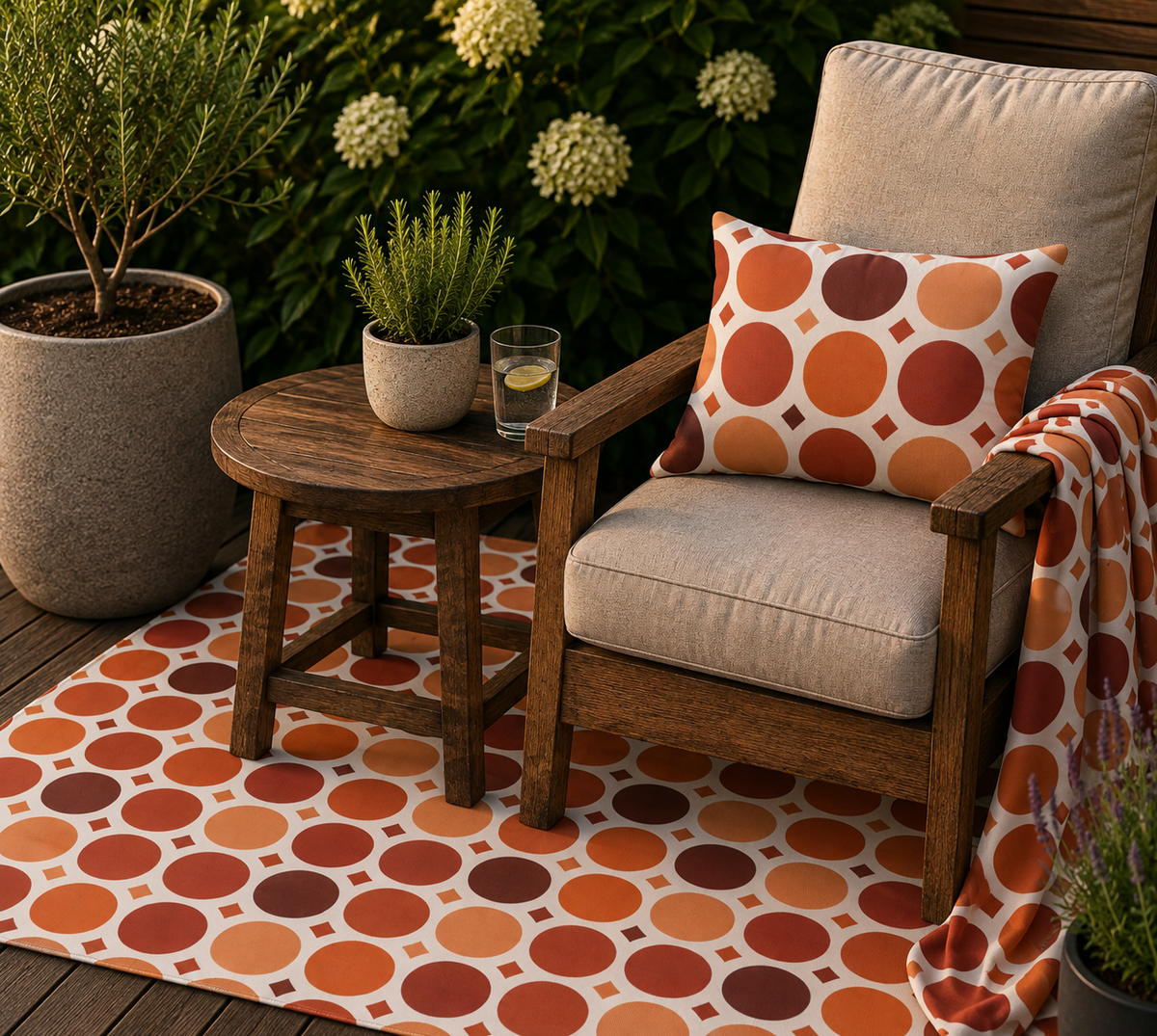 Terracotta dot grid outdoor rug — soft polyester chenille with a non-slip backing