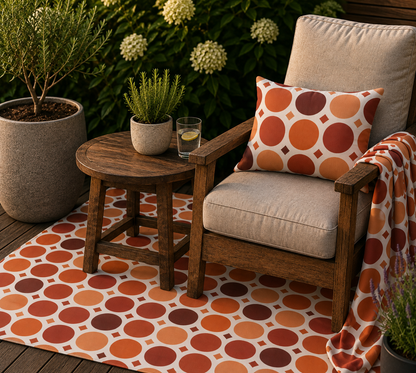 Terracotta dot grid outdoor rug — soft polyester chenille with a non-slip backing