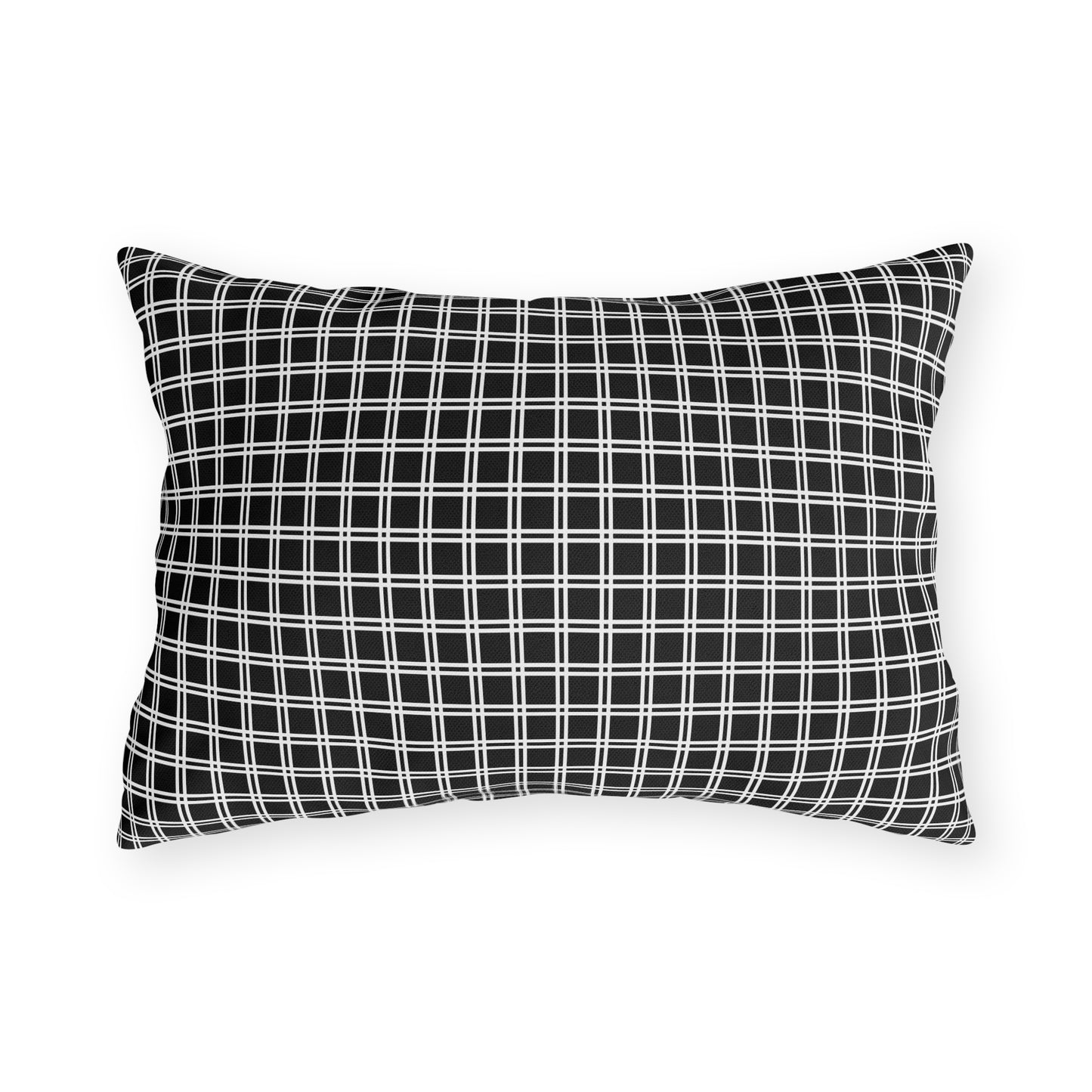 Black and white checkered lumbar outdoor pillow — spun polyester, UV and water resistant