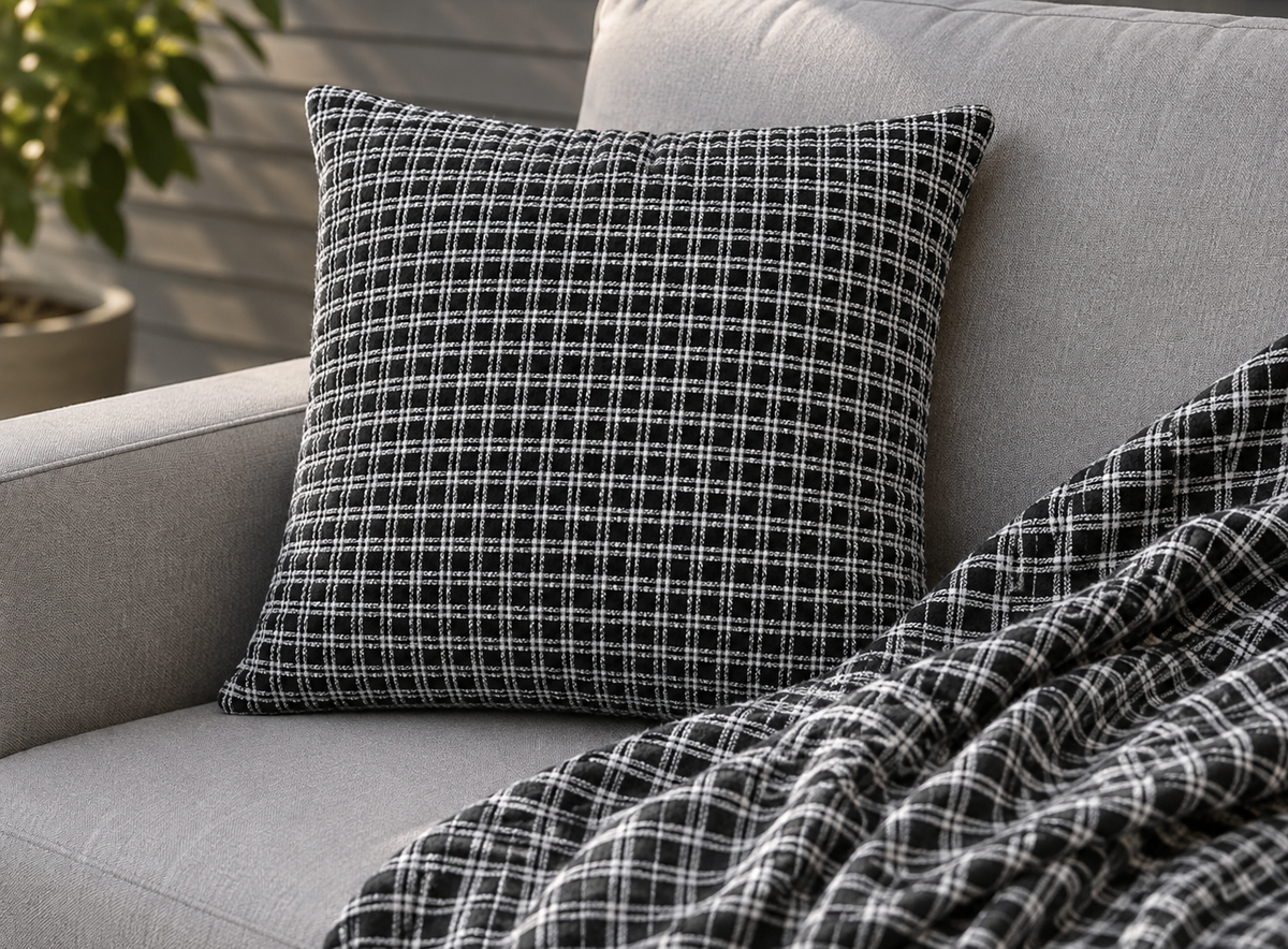 Black and white checkered outdoor pillow — spun polyester, UV and water resistant