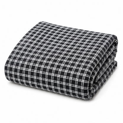 Black and white checkered outdoor fleece blanket, folded — 315 gsm polyester fleece, soft on both sides