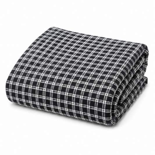 Black and white checkered outdoor fleece blanket, folded — 315 gsm polyester fleece, soft on both sides