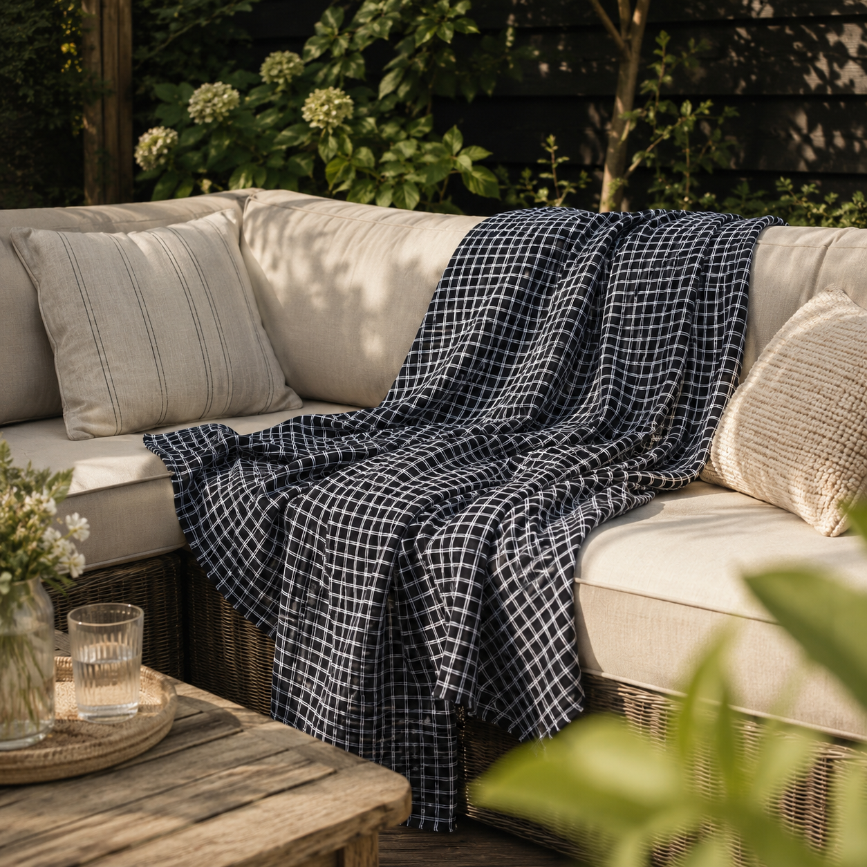 Black and white checkered outdoor fleece blanket in use outdoors — 315 gsm polyester fleece