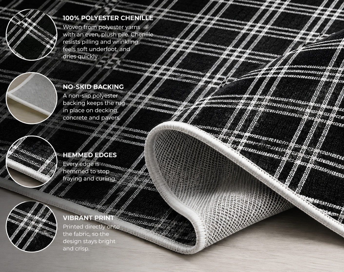 Close-up of the black and white checkered outdoor rug — soft polyester chenille pile