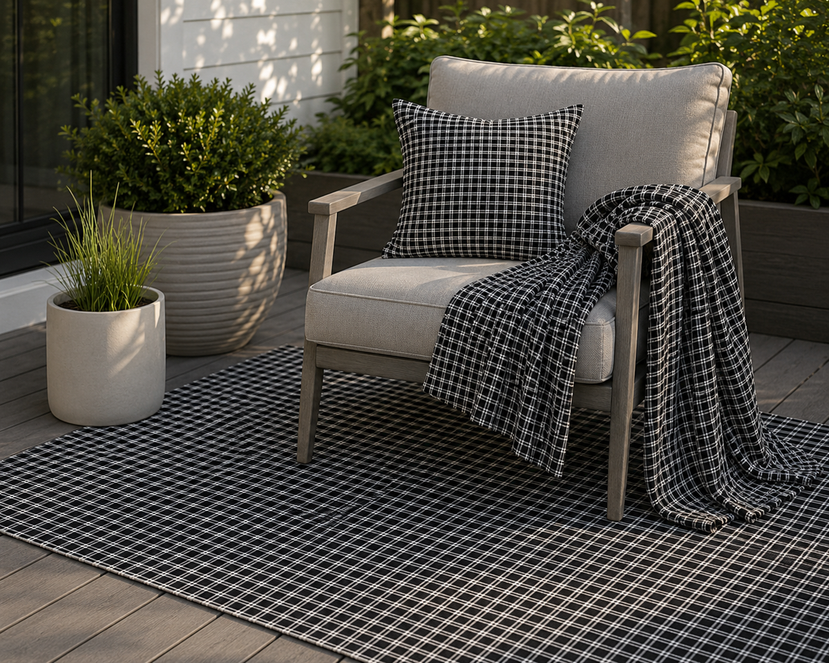 Black and white checkered outdoor pillow — spun polyester, UV and water resistant