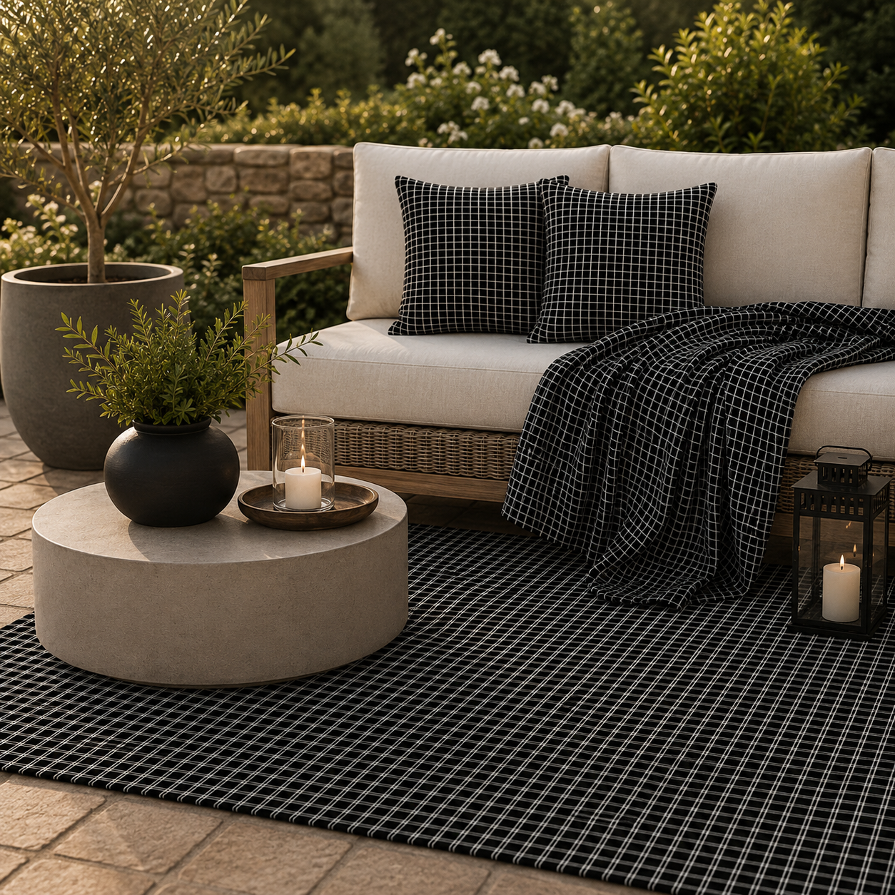 Black and white checkered outdoor set — matching rug, pillow and fleece blanket