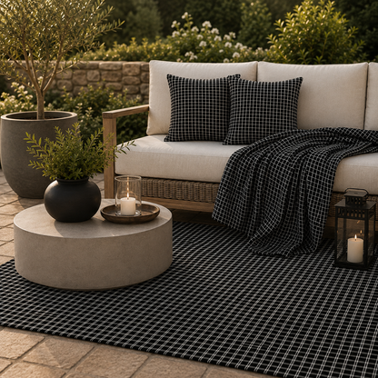 Black and white checkered outdoor set — matching rug, pillow and fleece blanket