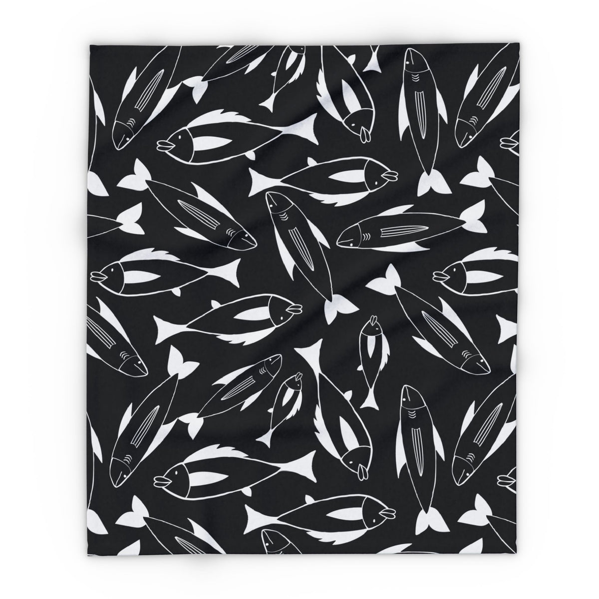 Black and white fish outdoor fleece blanket — 315 gsm polyester fleece, soft on both sides