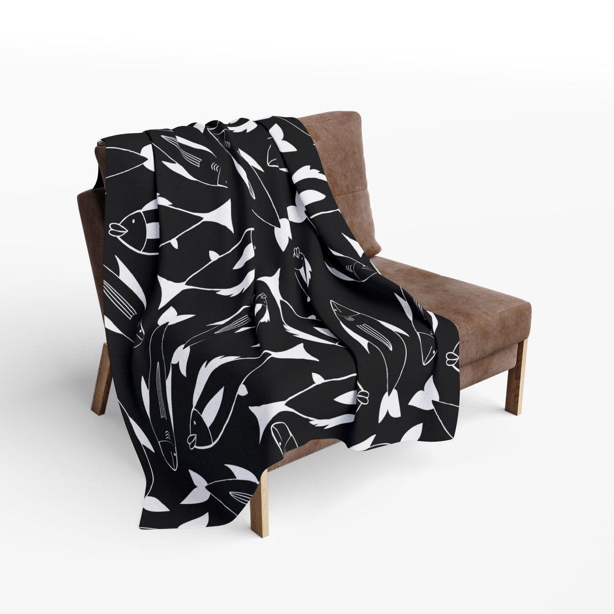 Black and white fish outdoor fleece blanket — 315 gsm polyester fleece, soft on both sides