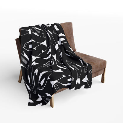 Black and white fish outdoor fleece blanket — 315 gsm polyester fleece, soft on both sides