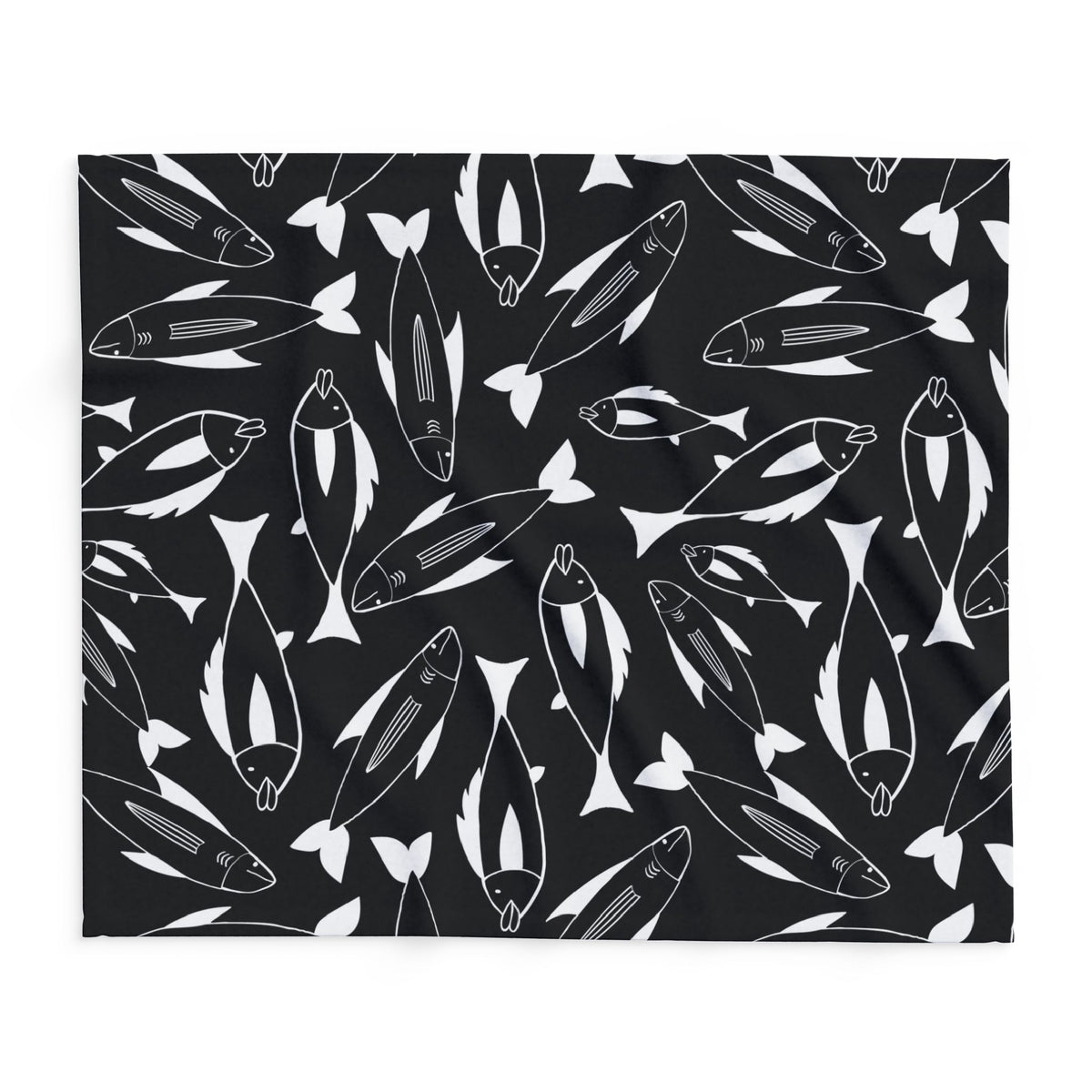 Black and white fish outdoor fleece blanket — 315 gsm polyester fleece, soft on both sides