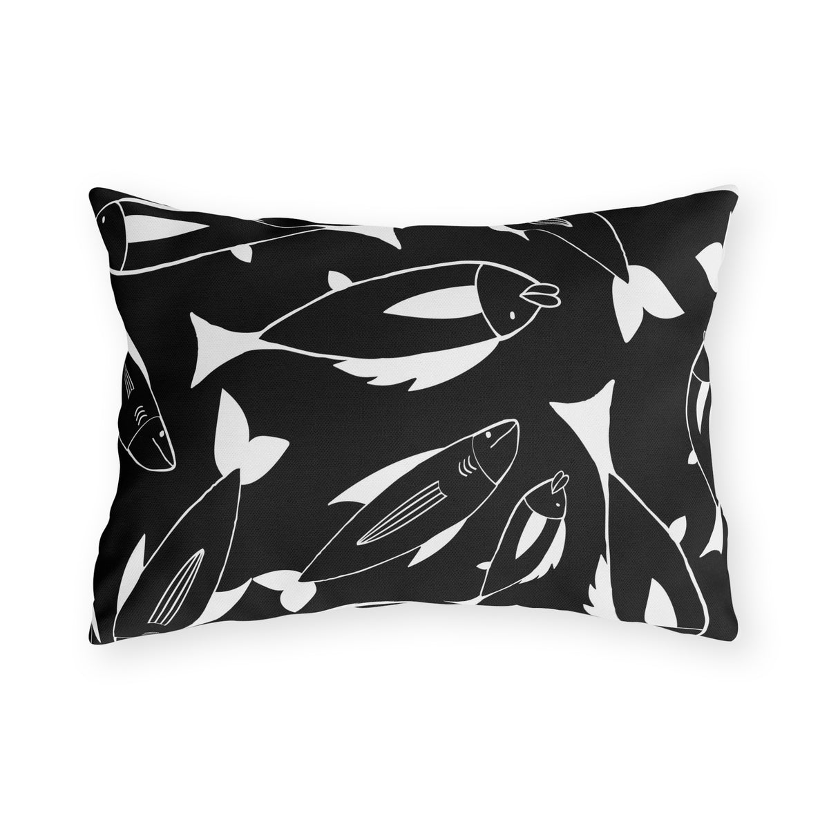 Black and white fish lumbar outdoor pillow — spun polyester, UV and water resistant