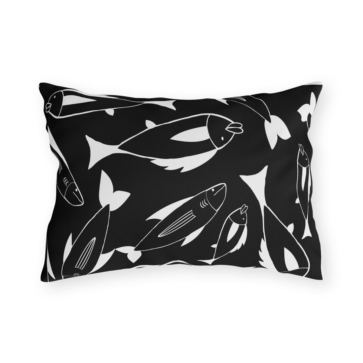 Black and white fish lumbar outdoor pillow — spun polyester, UV and water resistant