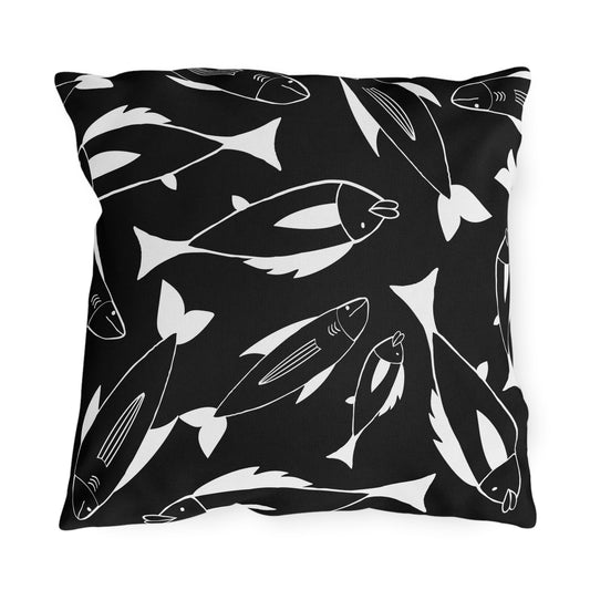 Black and white fish outdoor pillow — spun polyester, UV and water resistant