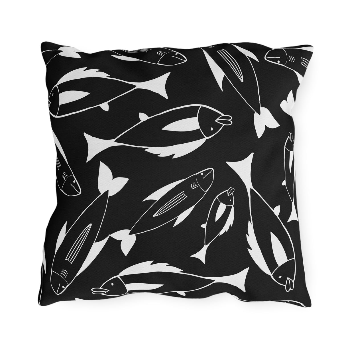 Black and white fish outdoor pillow — spun polyester, UV and water resistant