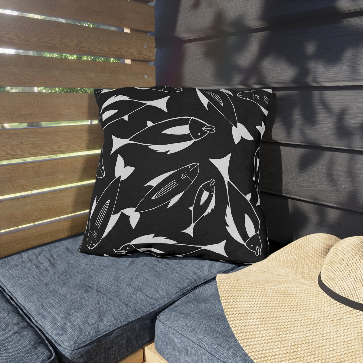 Black and white fish outdoor pillow — spun polyester, UV and water resistant