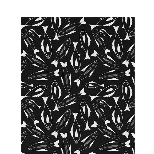 Black and white fish outdoor rug — soft polyester chenille with a non-slip backing