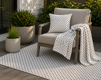 Black and white polka dot outdoor fleece blanket — 315 gsm polyester fleece, soft on both sides