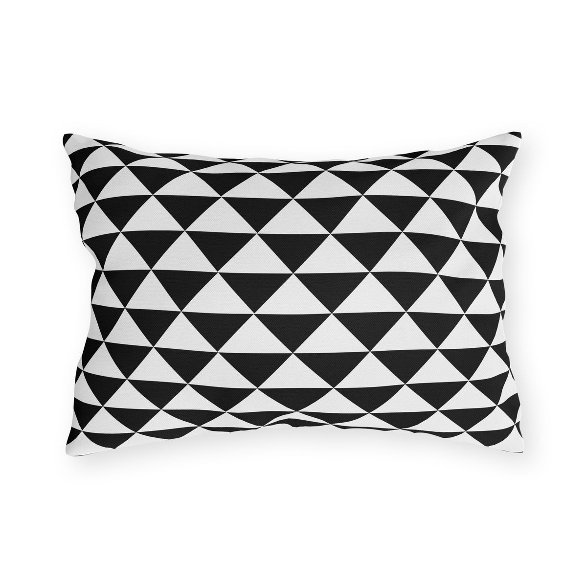 Black and white quilt triangle lumbar outdoor pillow — spun polyester, UV and water resistant