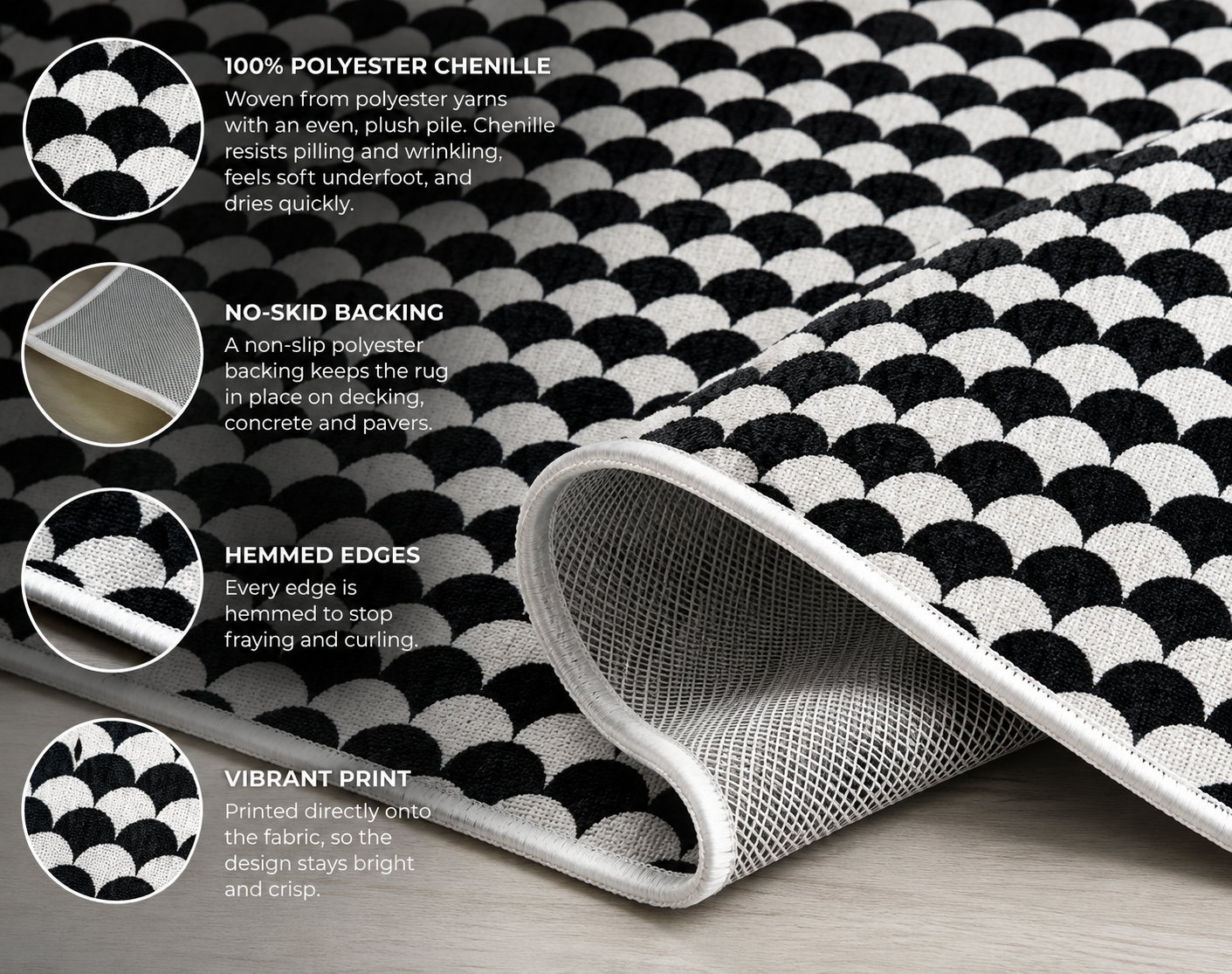Black and white scallop outdoor rug — sizes and material at a glance