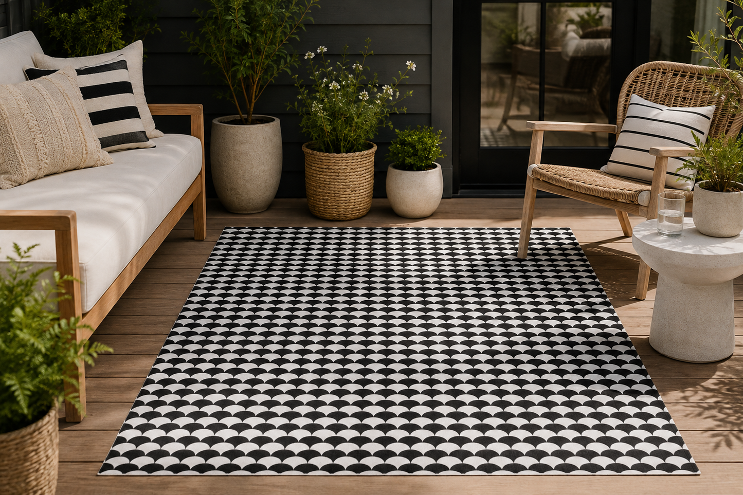 Black and white scallop outdoor rug on a patio — soft polyester chenille with a non-slip backing