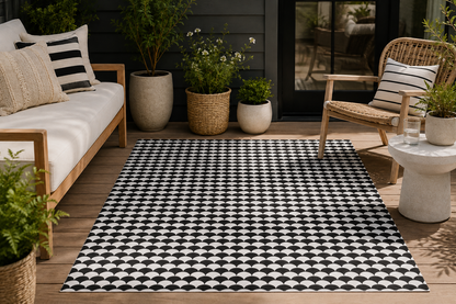 Black and white scallop outdoor rug on a patio — soft polyester chenille with a non-slip backing