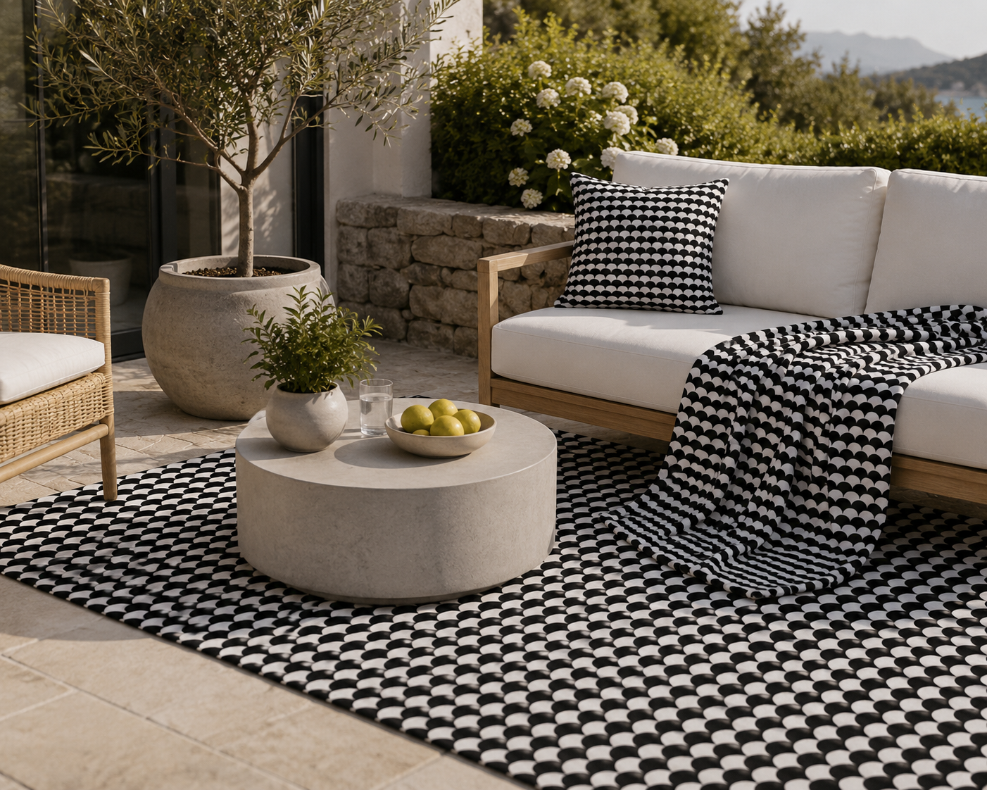 Black and white scallop outdoor set — matching rug, pillow and fleece blanket