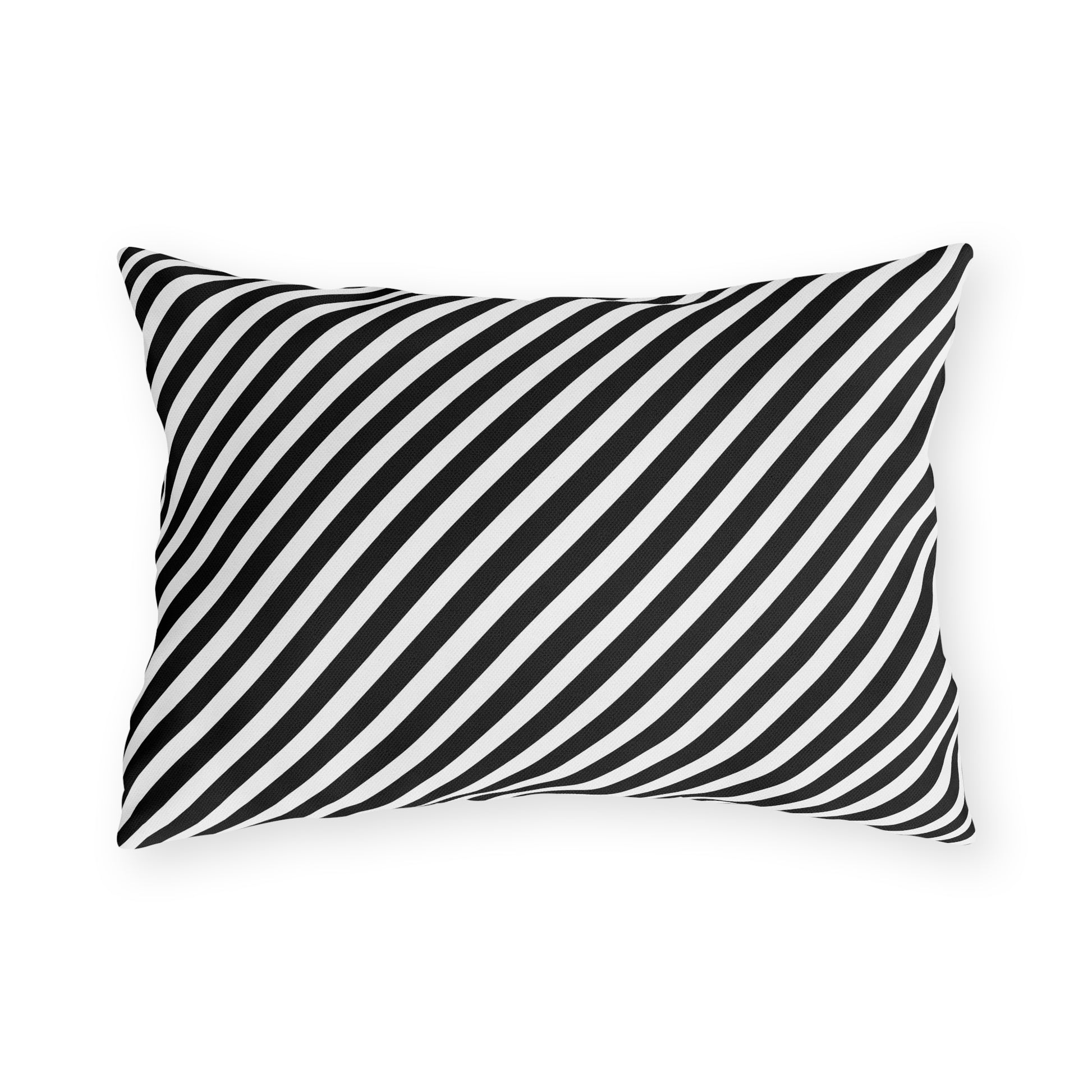 Black and white diagonal striped lumbar outdoor pillow — spun polyester, UV and water resistant