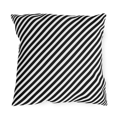 Close-up of the diagonal stripe print on the black and white outdoor cushion