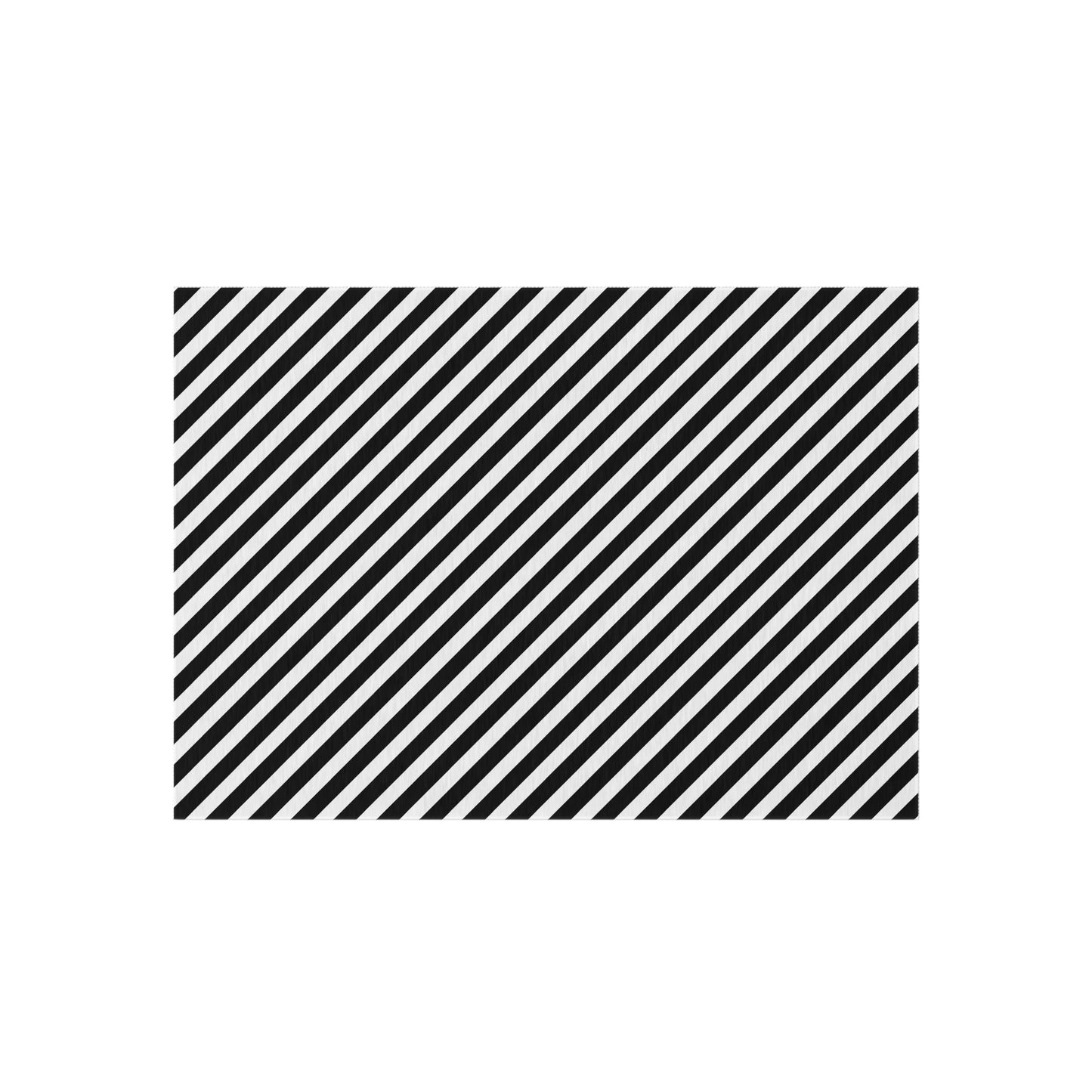 Black and white striped outdoor rug shown in all four sizes, 24x36 to 60x84