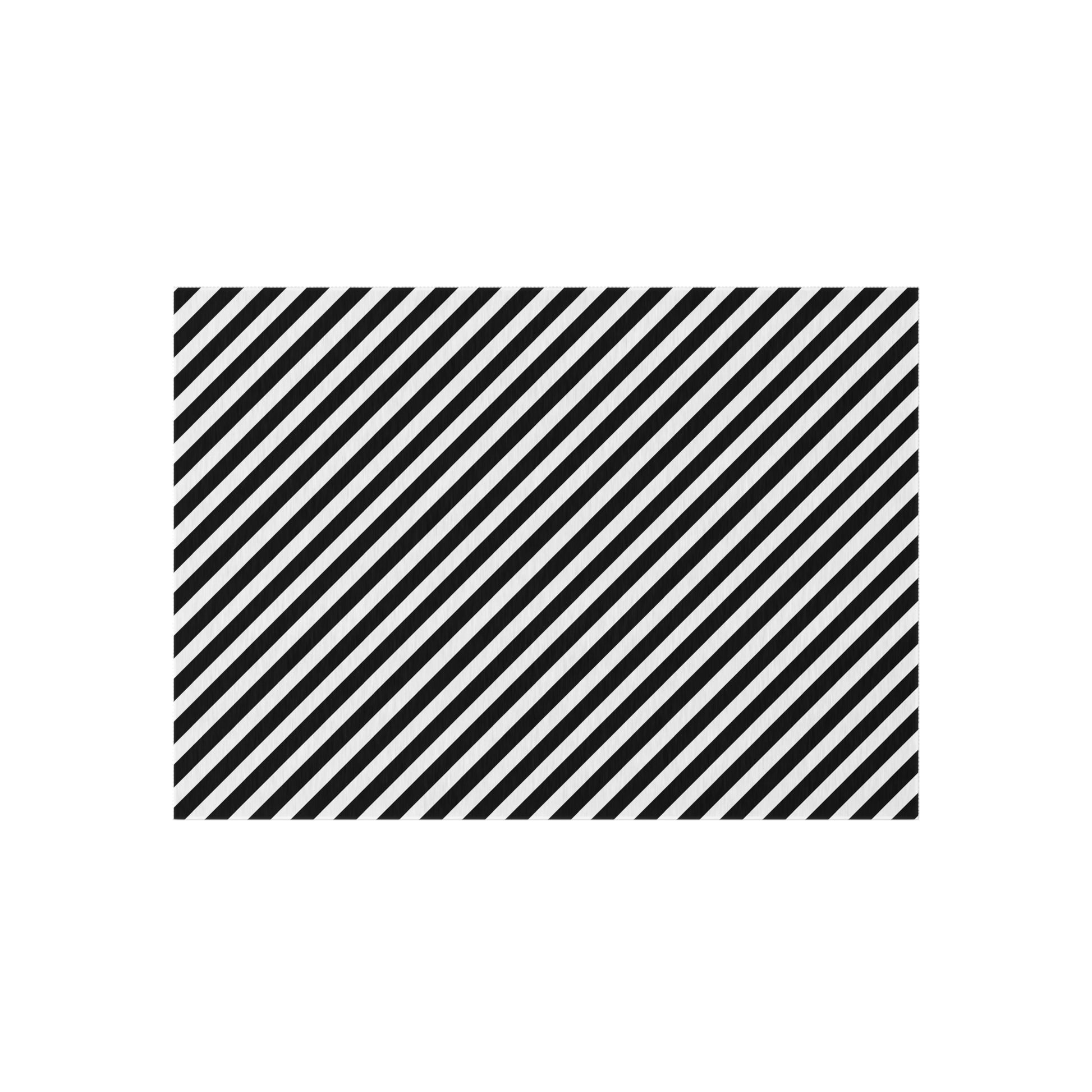 Black and white striped outdoor rug shown in all four sizes, 24x36 to 60x84