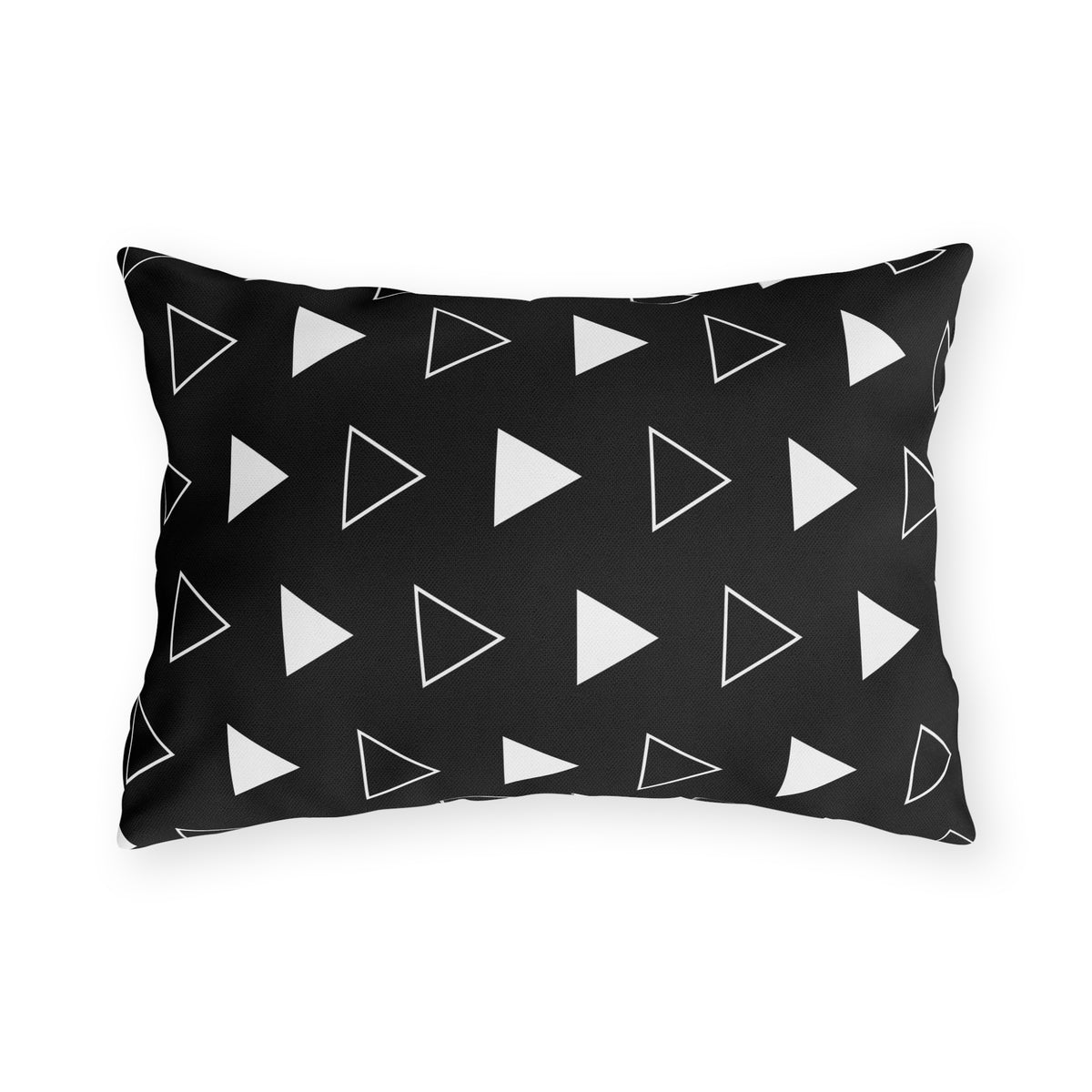 Black arrow lumbar outdoor pillow — spun polyester, UV and water resistant