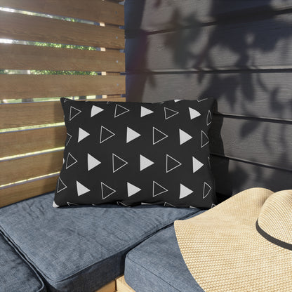 Black arrow lumbar outdoor pillow — spun polyester, UV and water resistant