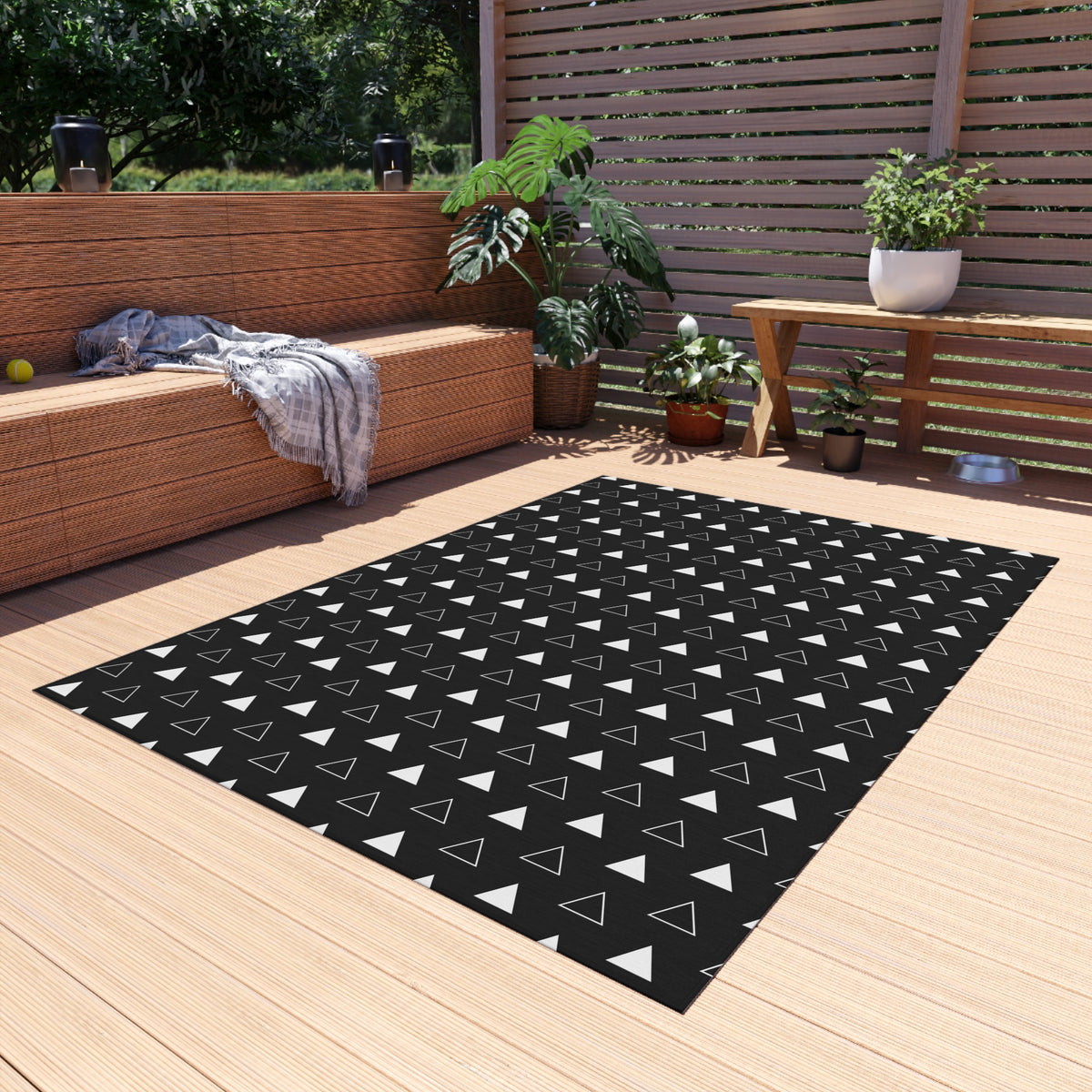Black arrow outdoor rug — soft polyester chenille with a non-slip backing