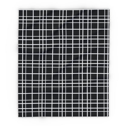 Black windowpane grid outdoor fleece blanket — 315 gsm polyester fleece, soft on both sides