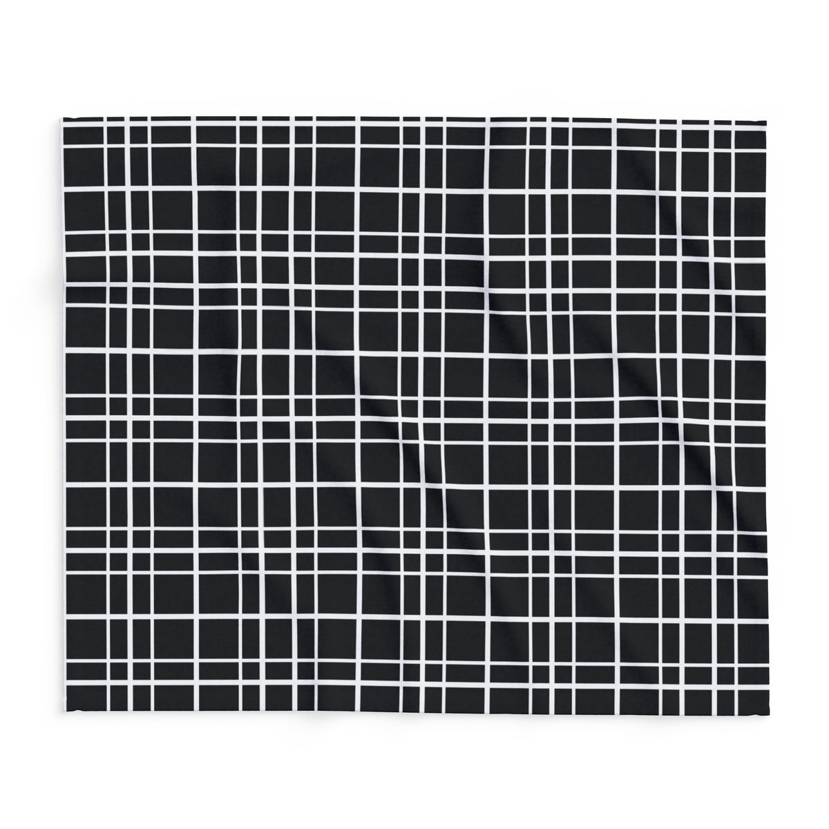 Black windowpane grid outdoor fleece blanket — 315 gsm polyester fleece, soft on both sides