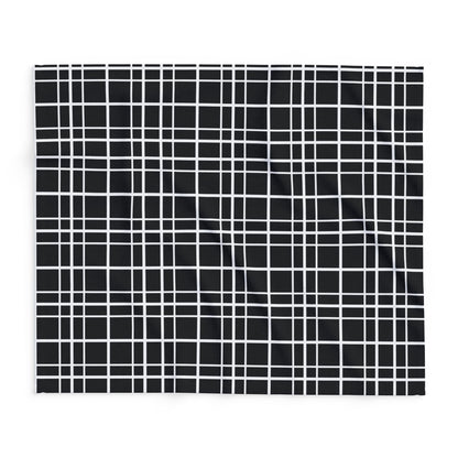Black windowpane grid outdoor fleece blanket — 315 gsm polyester fleece, soft on both sides