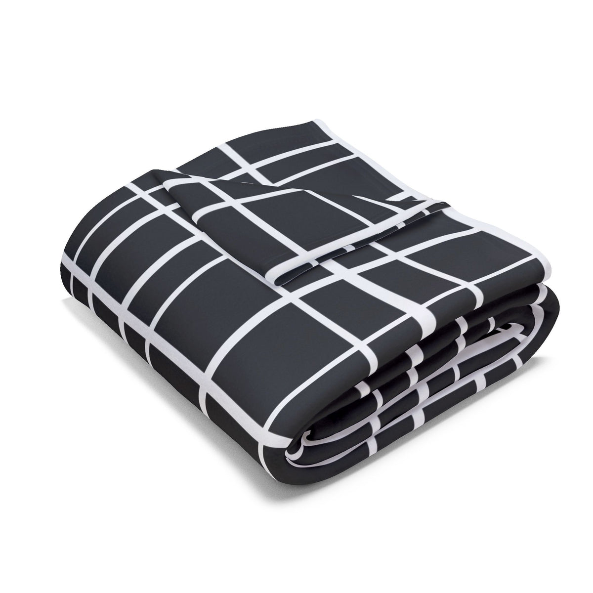 Black windowpane grid outdoor fleece blanket — 315 gsm polyester fleece, soft on both sides