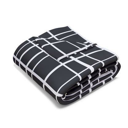 Black windowpane grid outdoor fleece blanket — 315 gsm polyester fleece, soft on both sides