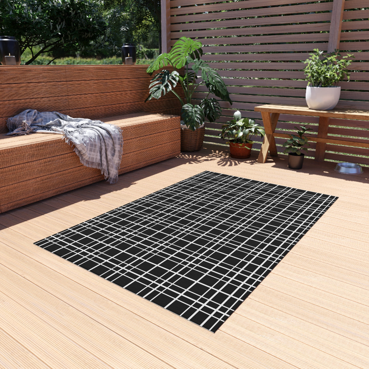 Black windowpane grid outdoor rug — soft polyester chenille with a non-slip backing