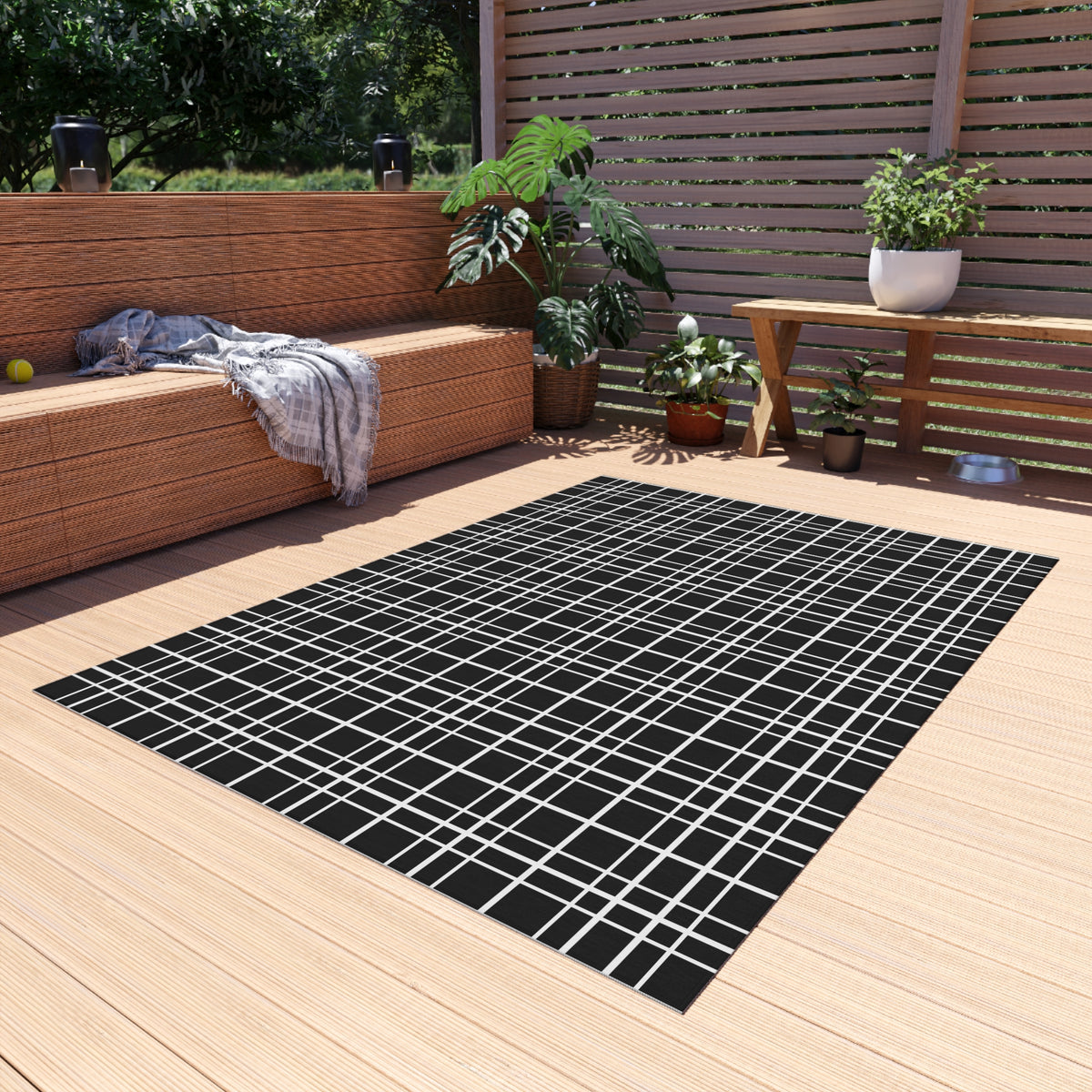 Black windowpane grid outdoor rug — soft polyester chenille with a non-slip backing