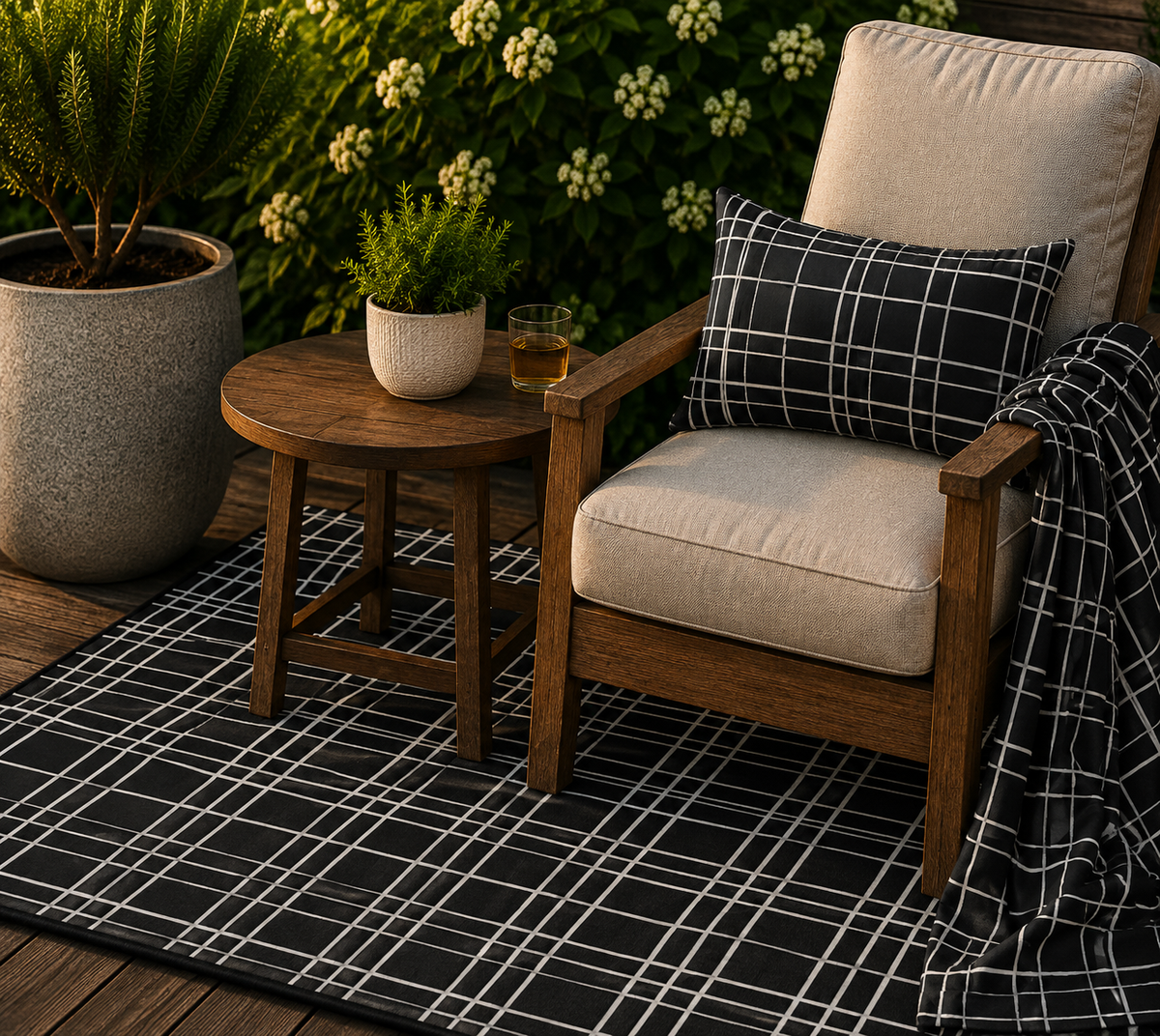 Black windowpane grid outdoor set — matching rug, pillow and fleece blanket
