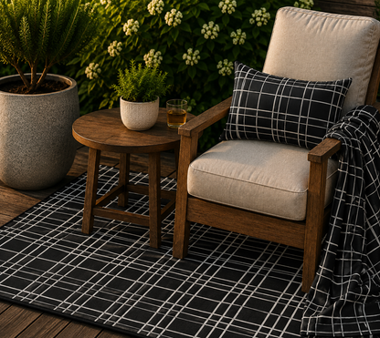 Black windowpane grid outdoor set — matching rug, pillow and fleece blanket