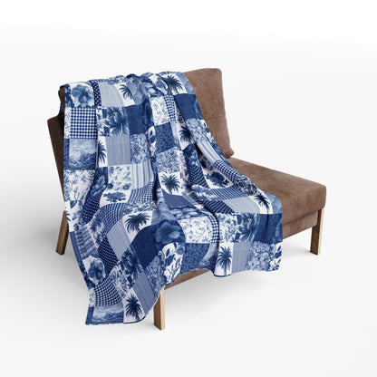Blue and white patchwork outdoor fleece blanket — 315 gsm polyester fleece, soft on both sides