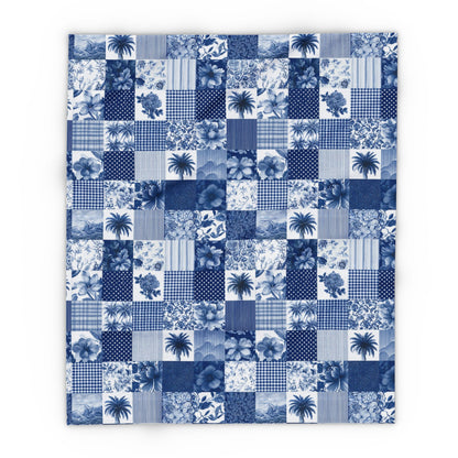 Blue and white patchwork outdoor fleece blanket — 315 gsm polyester fleece, soft on both sides